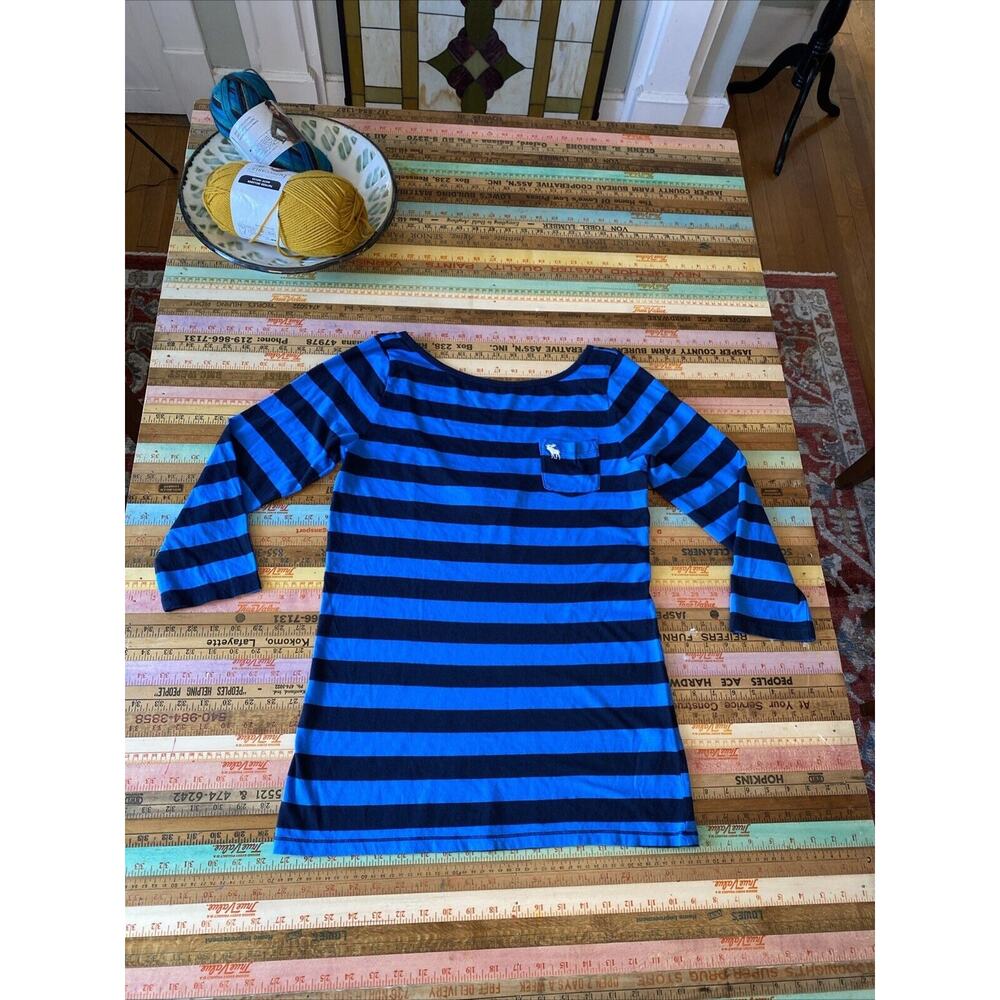 NEW Abercrombie & Fitch L Women’s Y2K Blue Striped Scoop Pocket T-shirt 90s - Picture 9 of 12